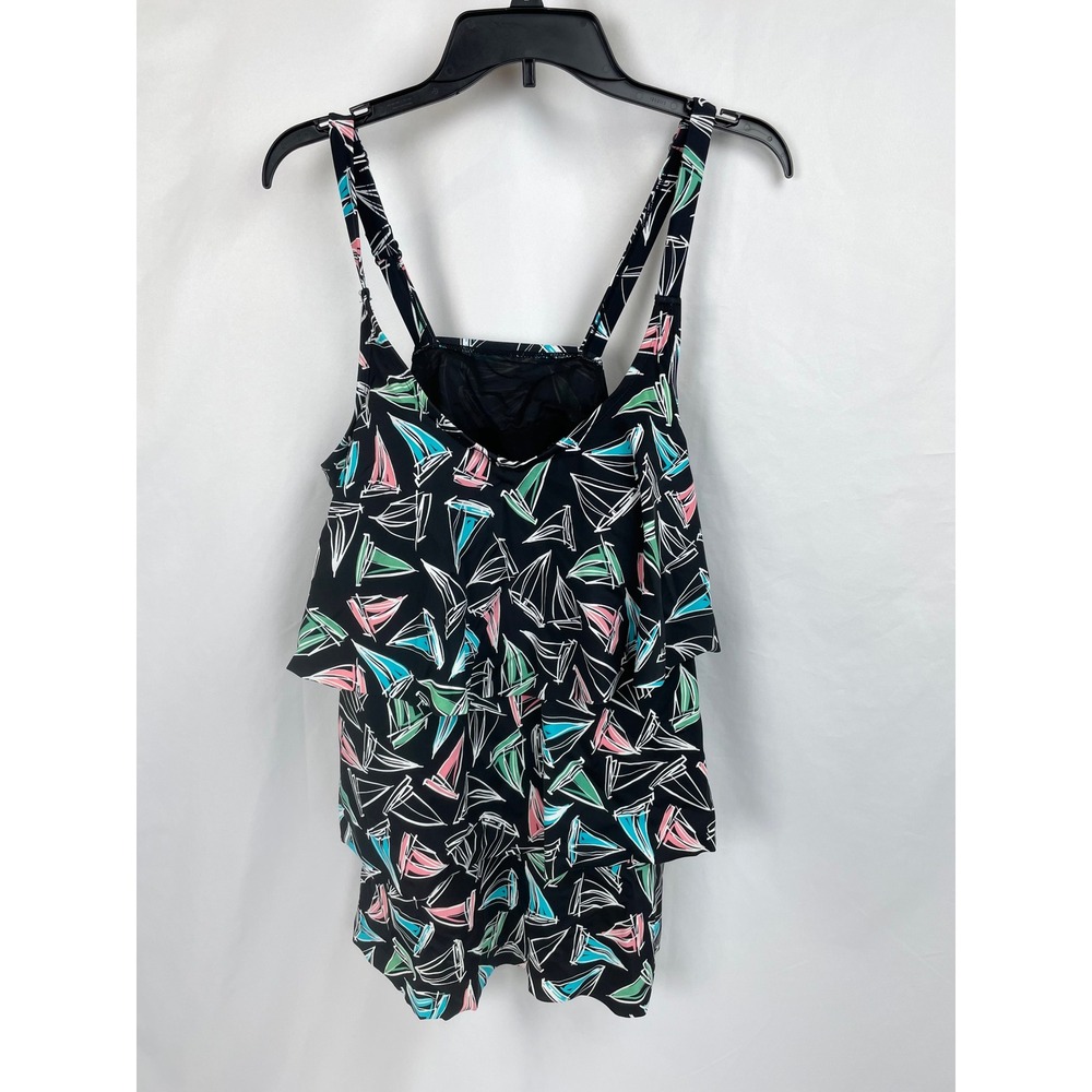 Catherine's Women 22W Black Tankini Swim Top Padded Tiered Geometric